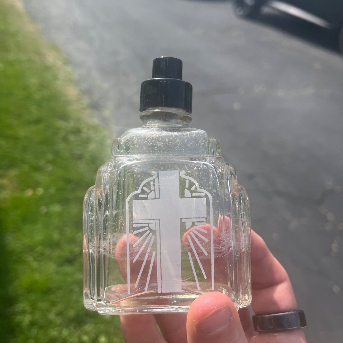 Glass Holy Water Bottle w/ Sprinkle Cap - With Cross - Vintage Art Deco Style