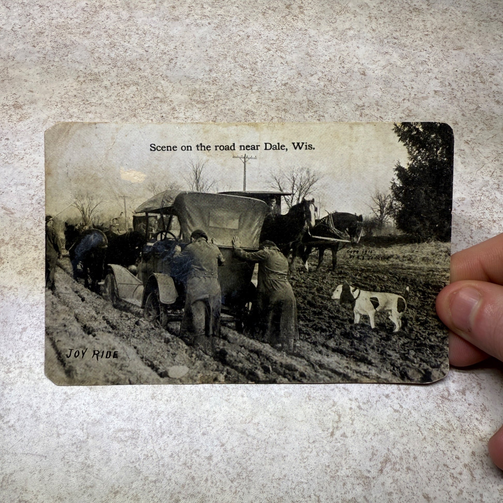 Scene at Dale Wis Joy Ride Automobile Stuck Dirt Road Ford Postcard