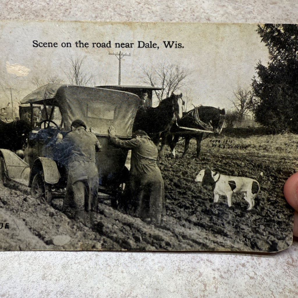 Scene at Dale Wis Joy Ride Automobile Stuck Dirt Road Ford Postcard