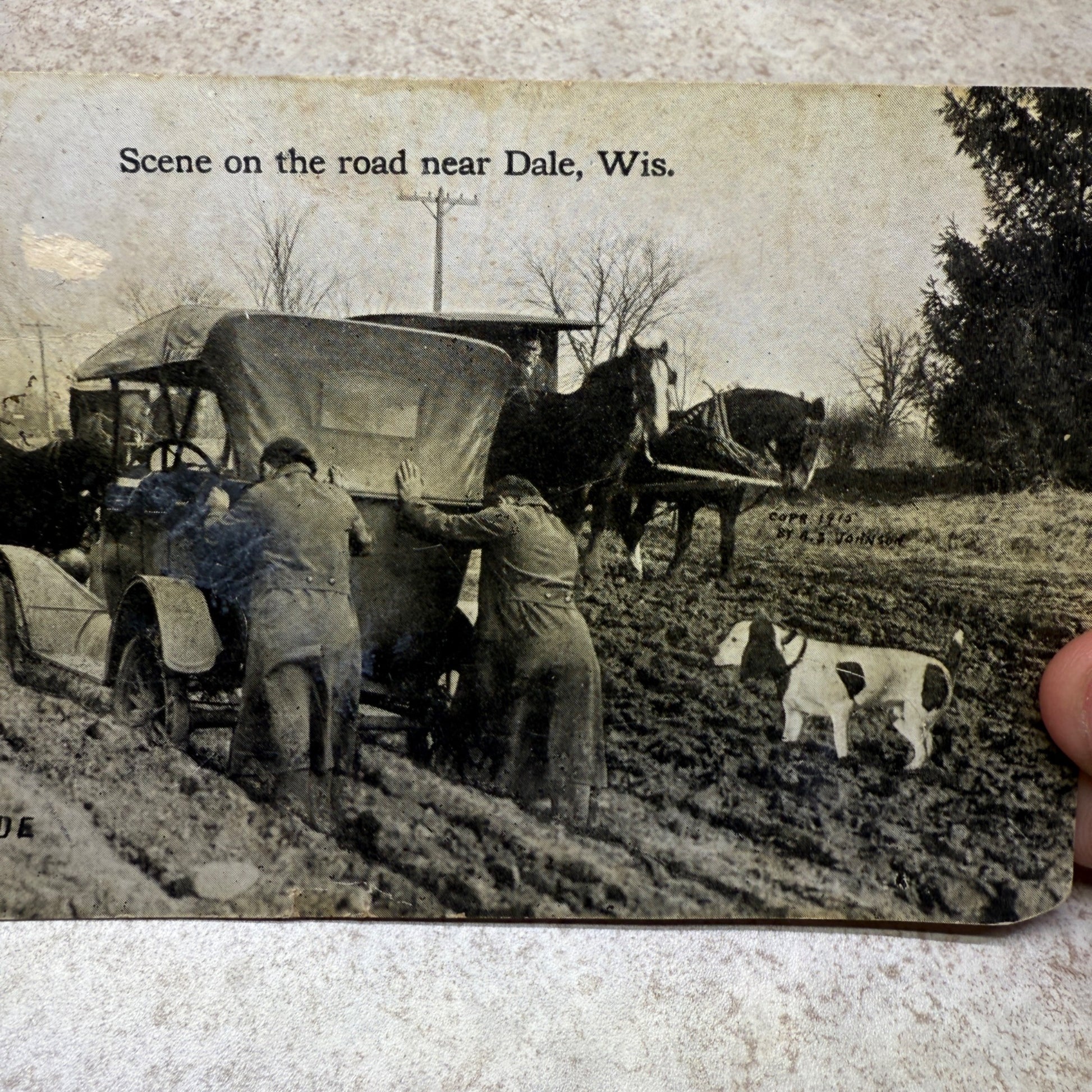 Scene at Dale Wis Joy Ride Automobile Stuck Dirt Road Ford Postcard