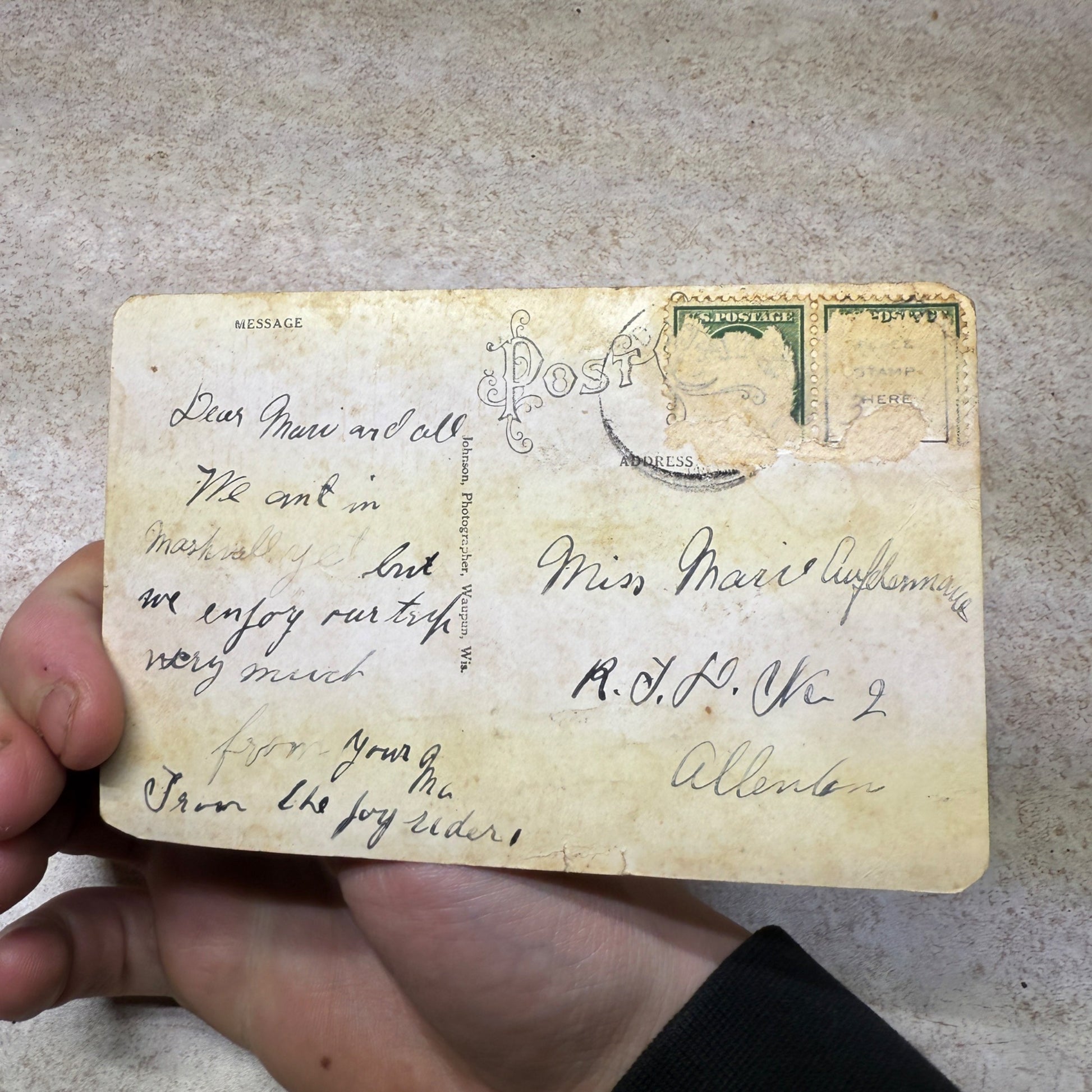 Scene at Dale Wis Joy Ride Automobile Stuck Dirt Road Ford Postcard