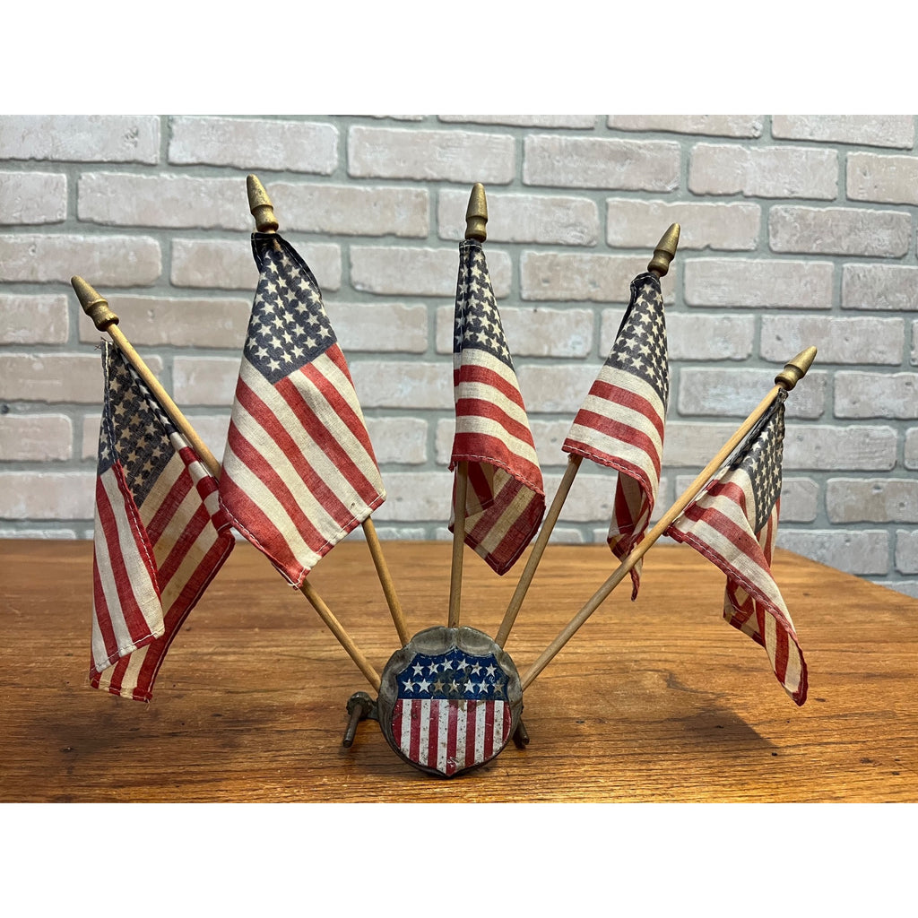 Vintage 1940s Car Auto Hood Mount Brackets Patriotic US Flag Holder w/ Flags