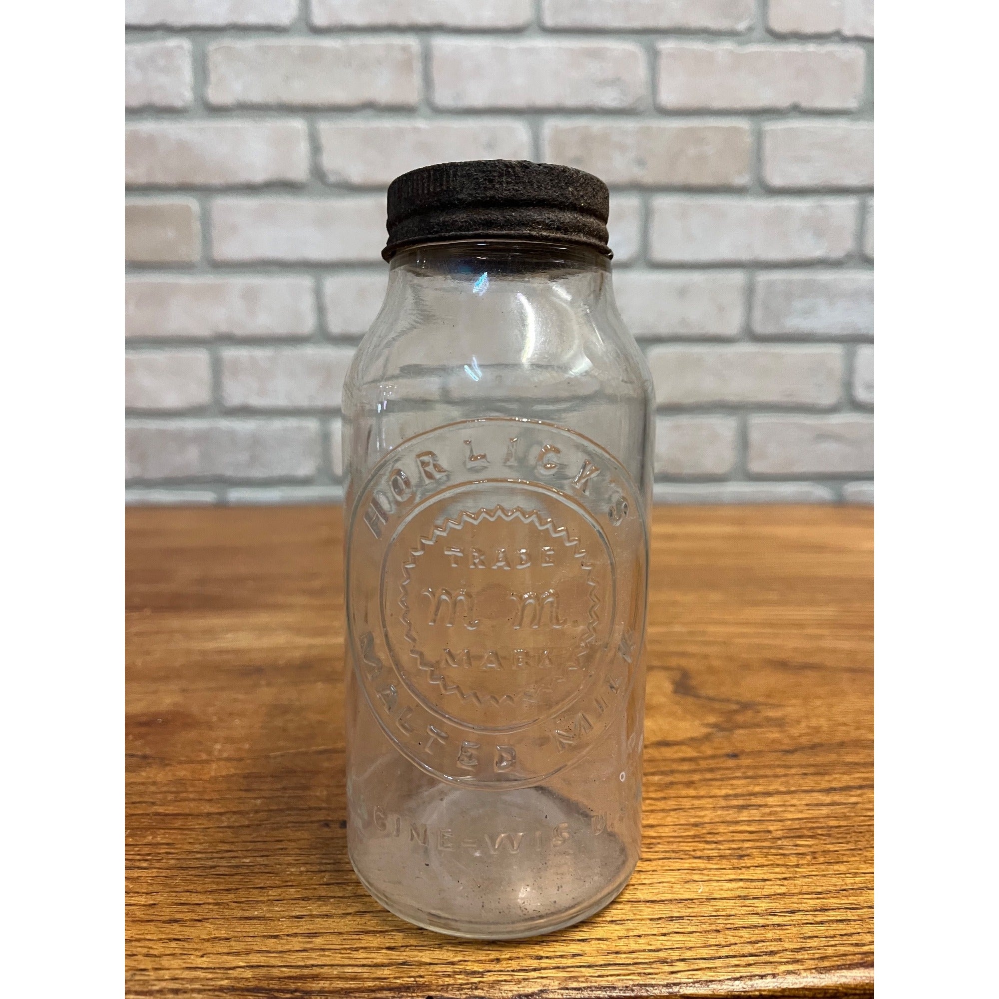 Vintage Horlick's Malted Milk Embossed Clear Glass Jar Racine Wis