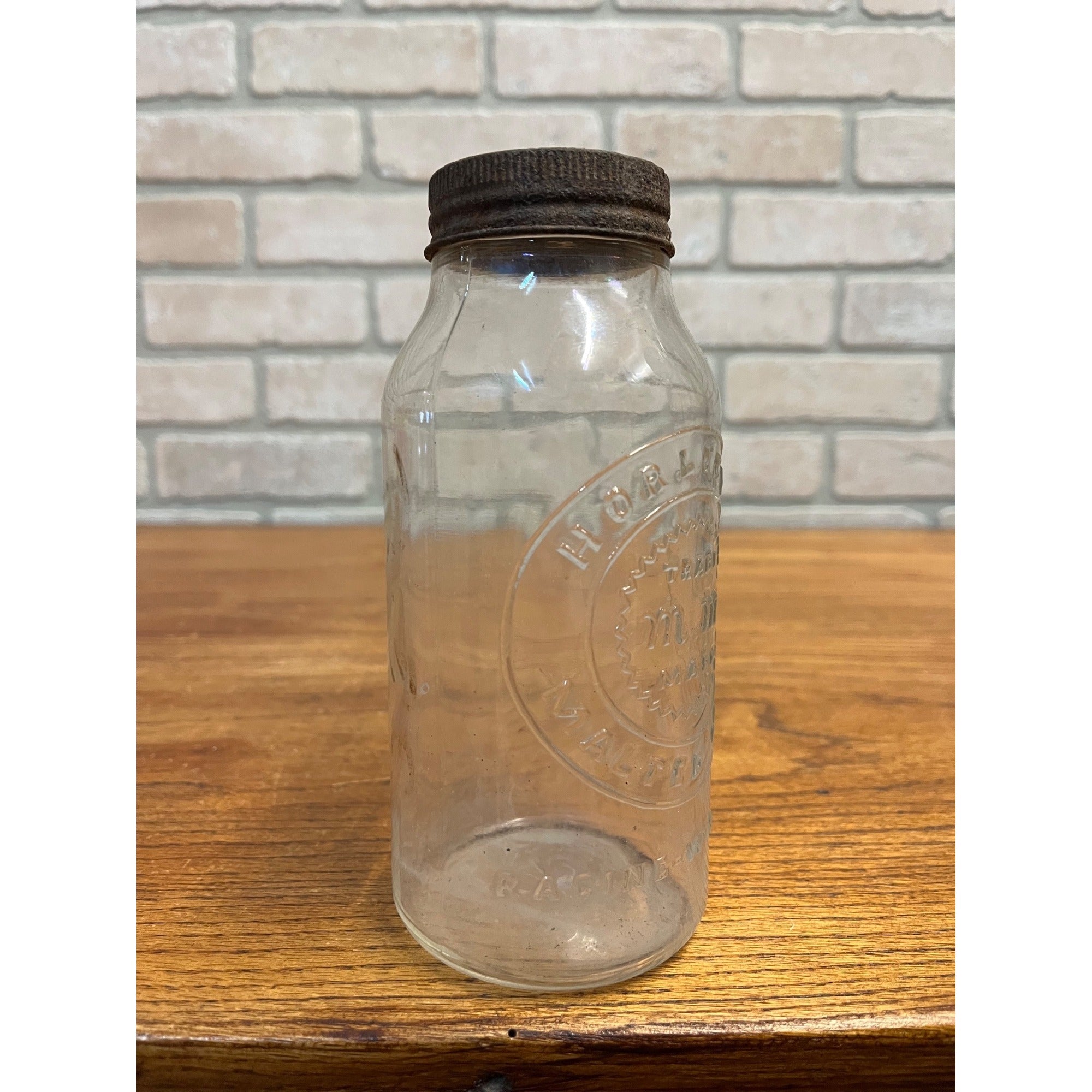 Vintage Horlick's Malted Milk Embossed Clear Glass Jar Racine Wis