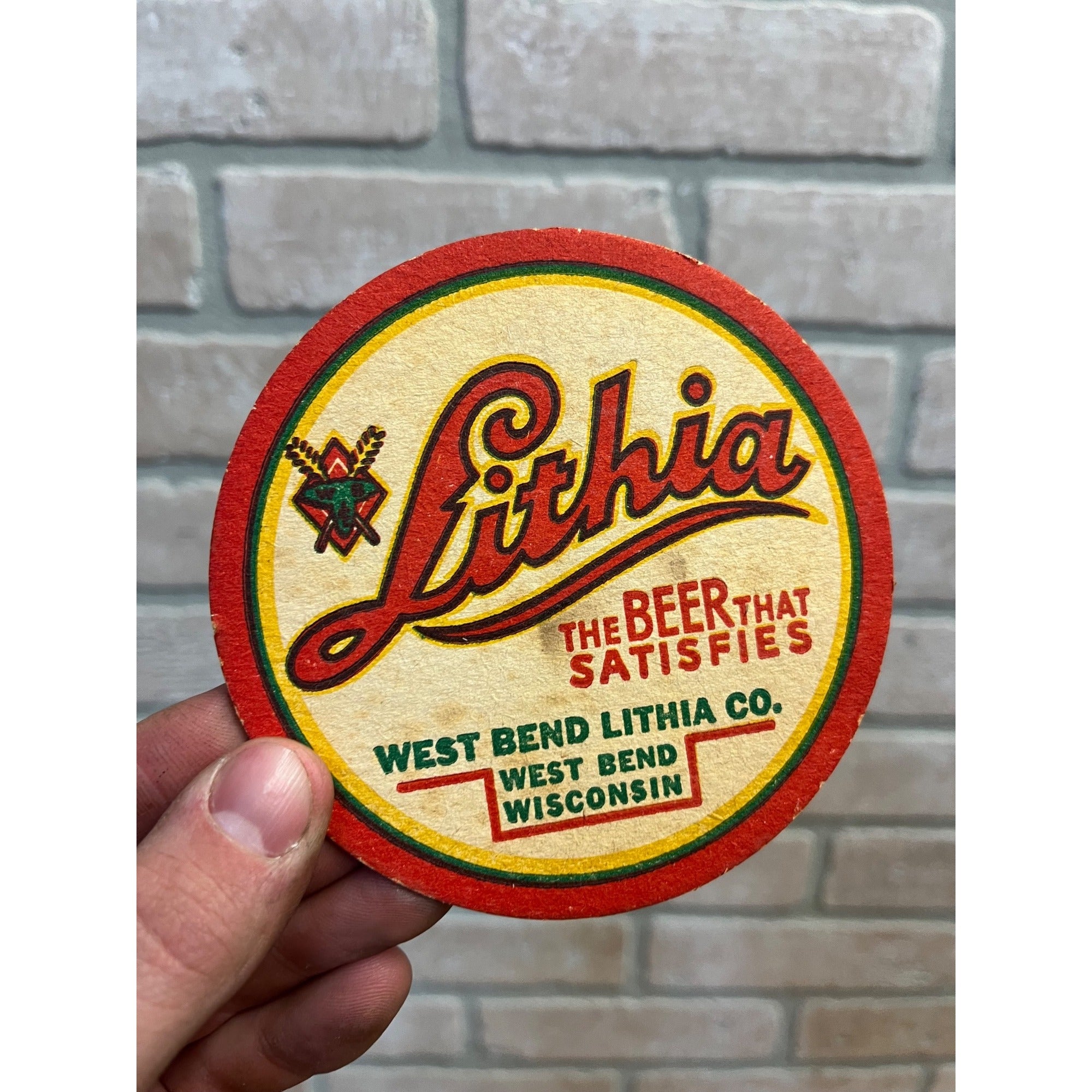 West Bend Lithia 1930s Beer Coaster 4 Inch West Bend, Wisconsin