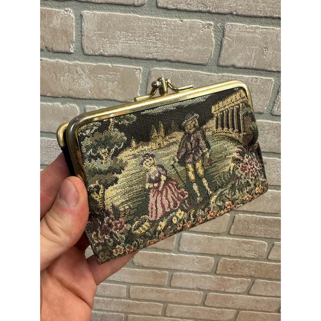 Vintage Baronet Tapestry Wallet 5.5” Coin Purse Embroidered Kiss Closure Cowhide