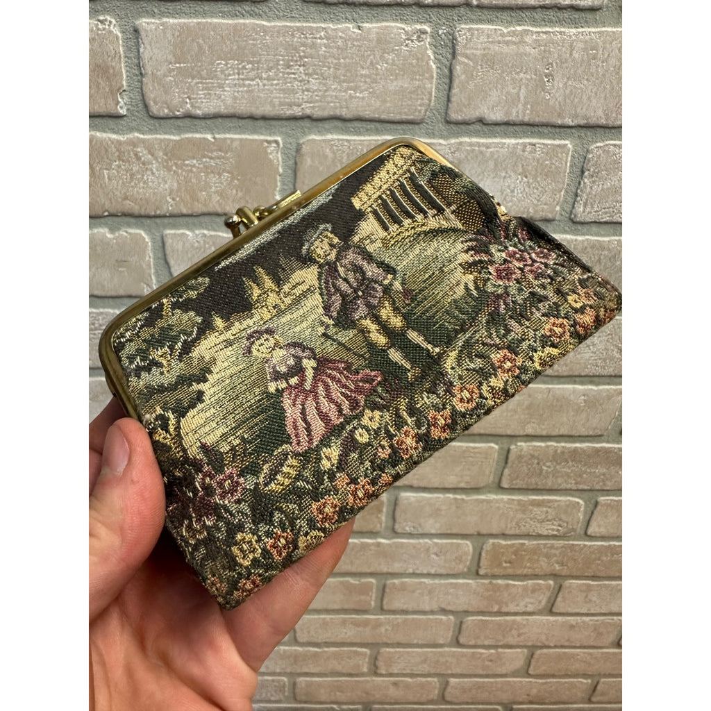 Vintage Baronet Tapestry Wallet 5.5” Coin Purse Embroidered Kiss Closure Cowhide