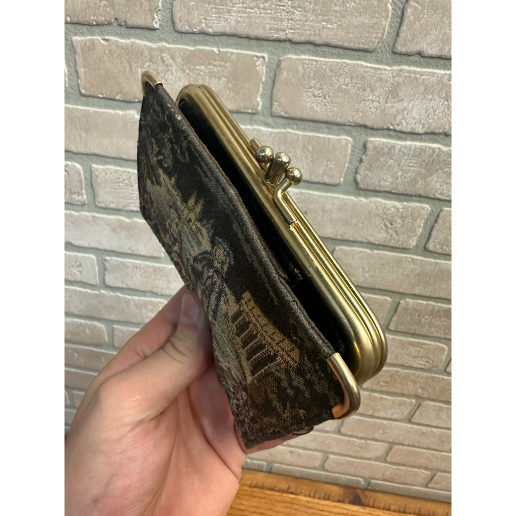 Vintage Baronet Tapestry Wallet 5.5” Coin Purse Embroidered Kiss Closure Cowhide