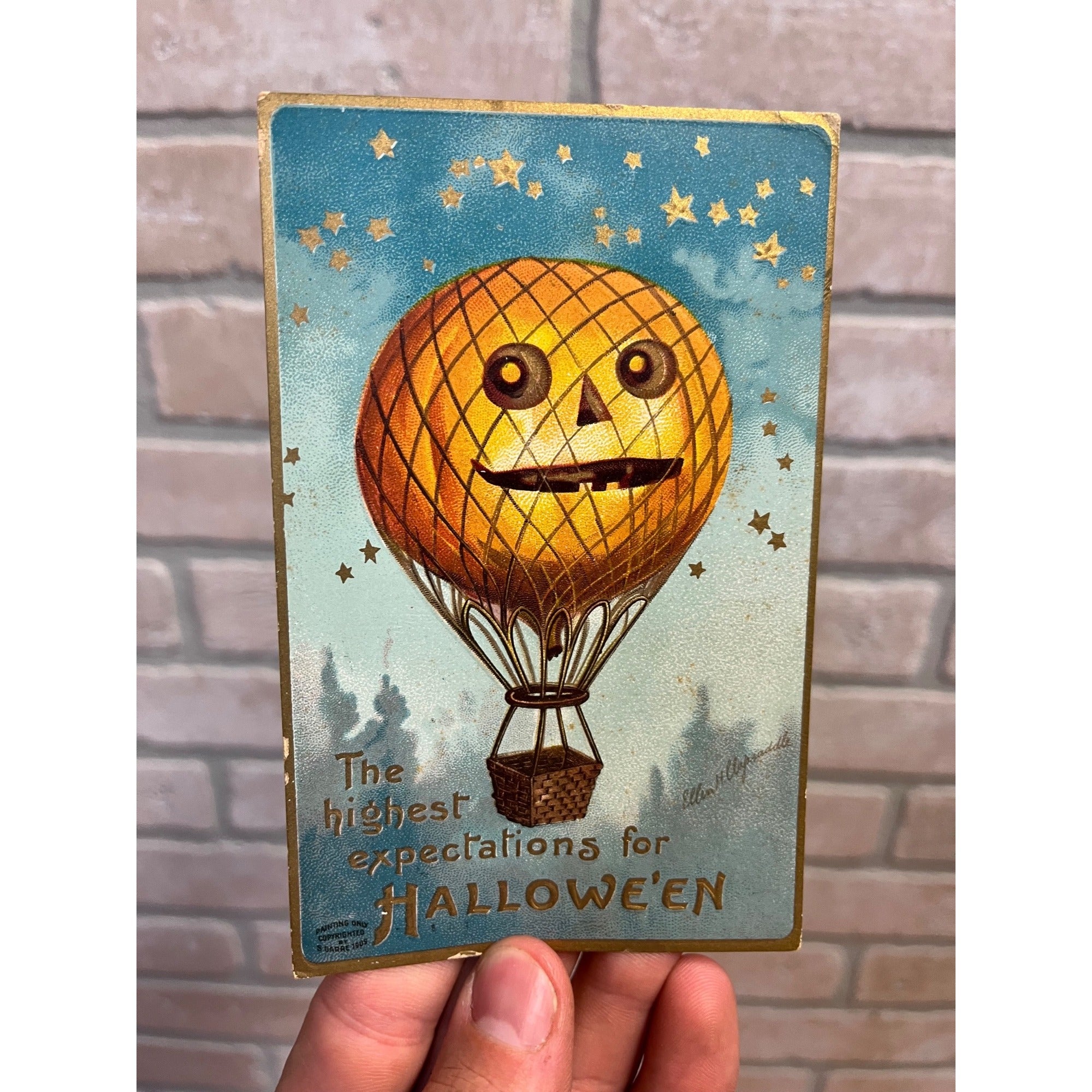 HALLOWEEN Jack-O-Lantern Hot Air Balloon Antique Signed Clapsaddle Postcard 1909