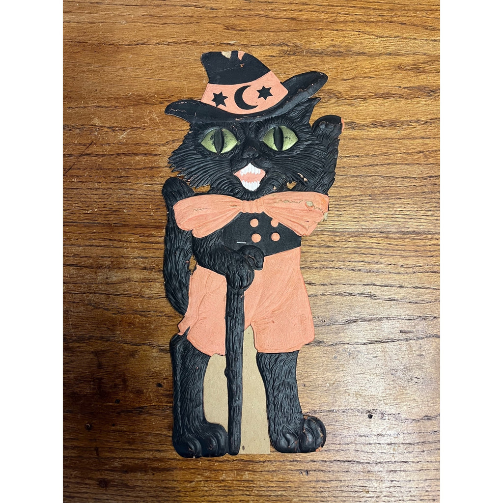 Antique 1920s Halloween German Diecut Waving Witch Black Cat Easelback
