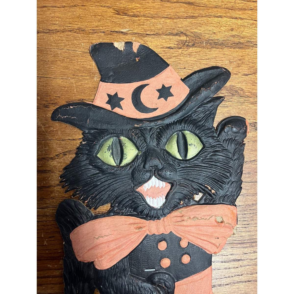 Antique 1920s Halloween German Diecut Waving Witch Black Cat Easelback