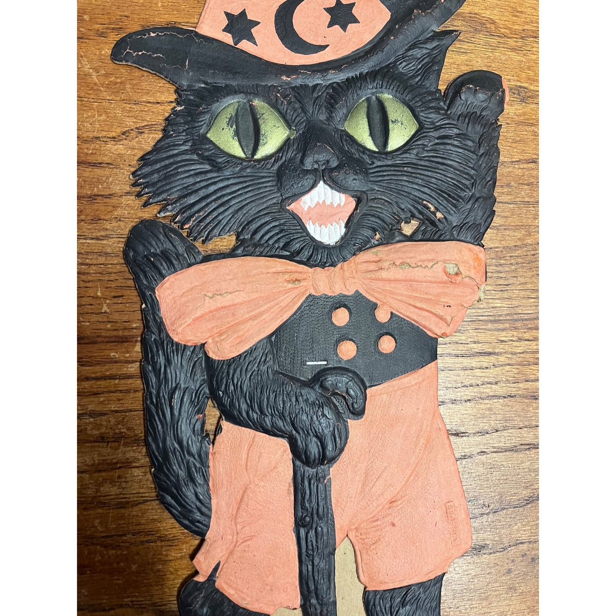 Antique 1920s Halloween German Diecut Waving Witch Black Cat Easelback