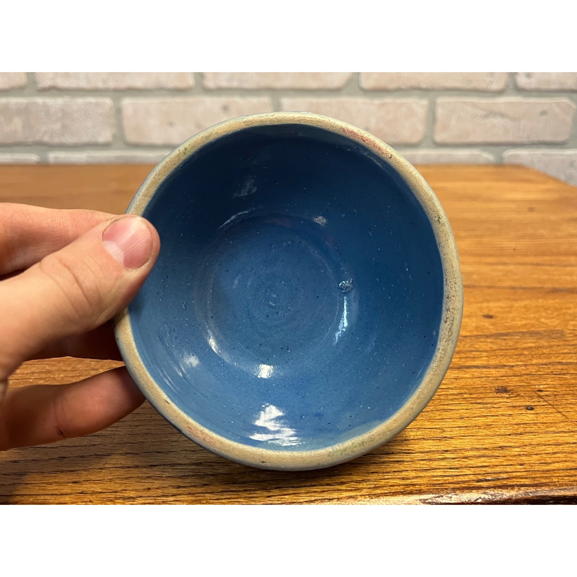 Vintage Half Pint Medium Blue Primitive Stoneware Bowl Farmhouse Kitchen Decor