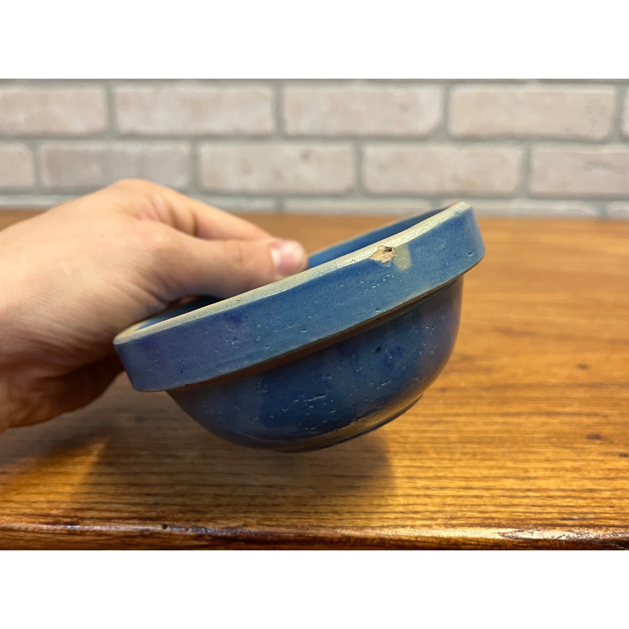 Vintage Half Pint Medium Blue Primitive Stoneware Bowl Farmhouse Kitchen Decor