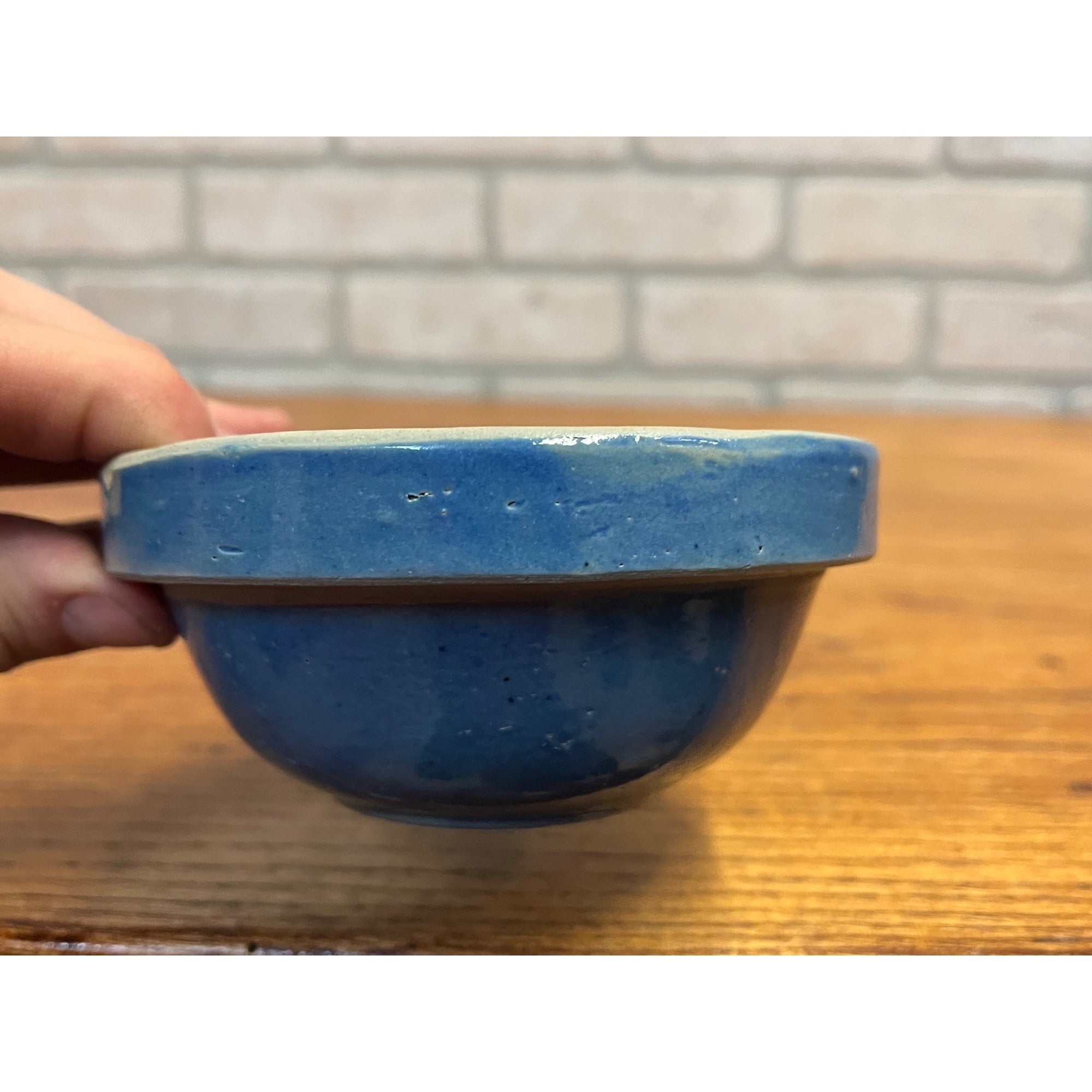 Vintage Half Pint Medium Blue Primitive Stoneware Bowl Farmhouse Kitchen Decor