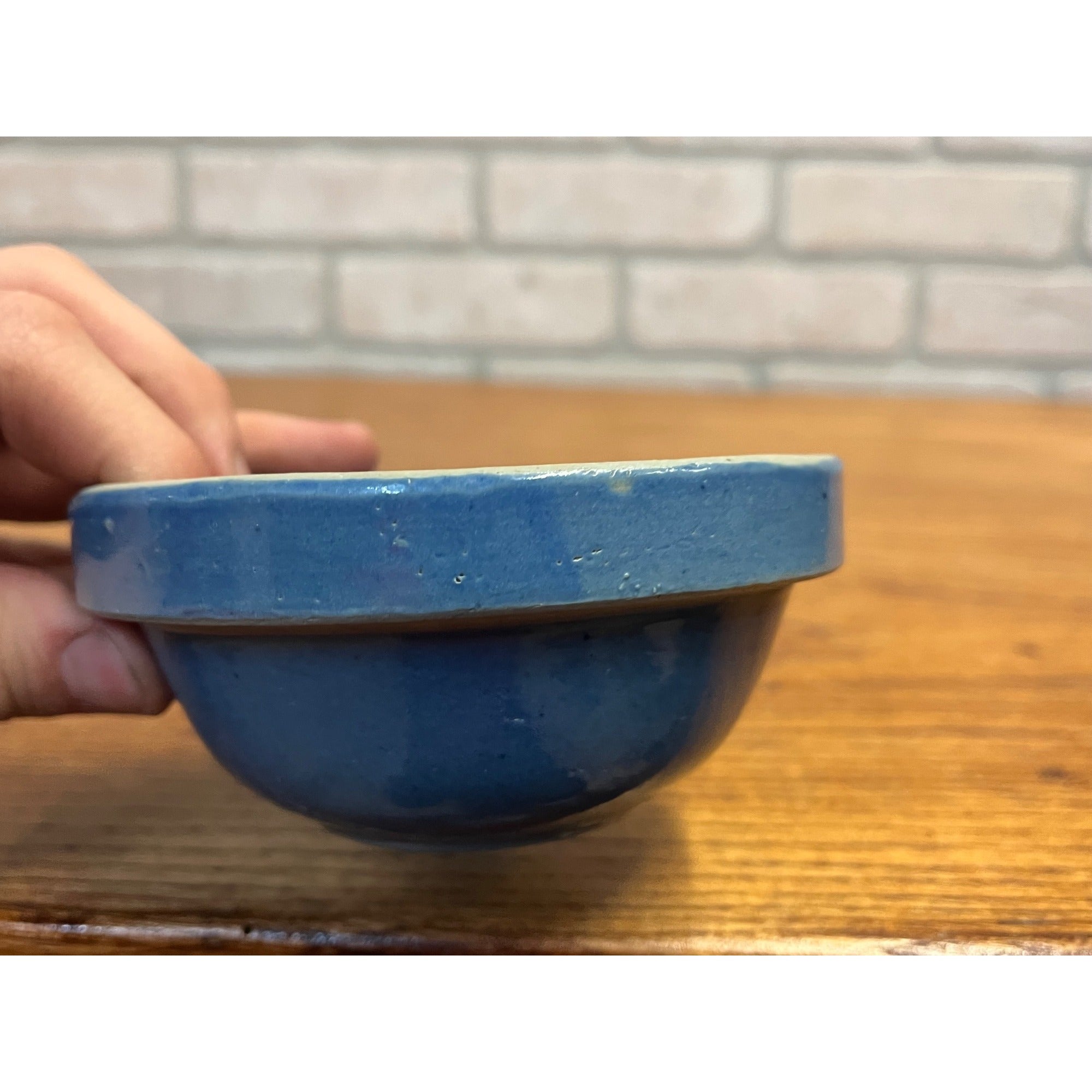 Vintage Half Pint Medium Blue Primitive Stoneware Bowl Farmhouse Kitchen Decor