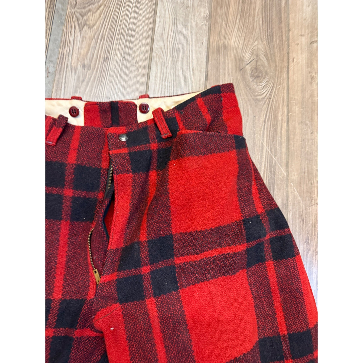 Vintage Size 36 Woolrich Red Buffalo Plaid Wool Flannel Hunting Pants Fall Winter Distressed