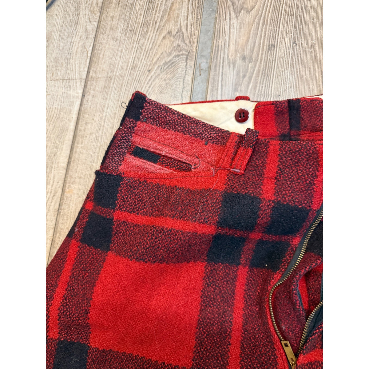 Vintage Size 36 Woolrich Red Buffalo Plaid Wool Flannel Hunting Pants Fall Winter Distressed