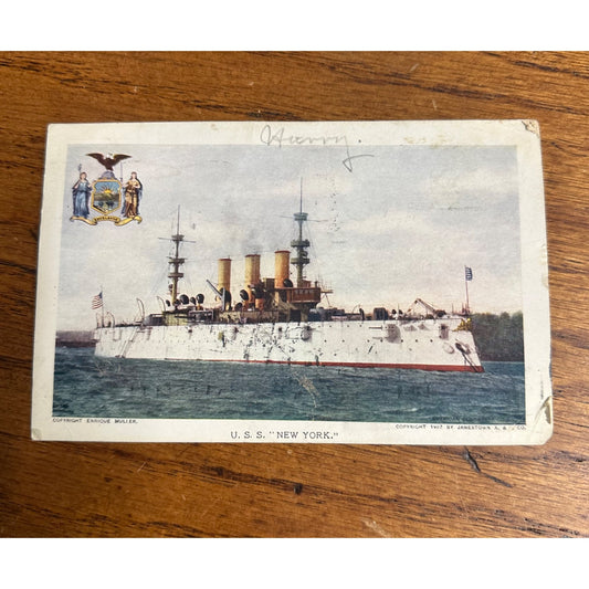 Vintage 1907 Soldier Written Postcard USS New York Battleship Postcard