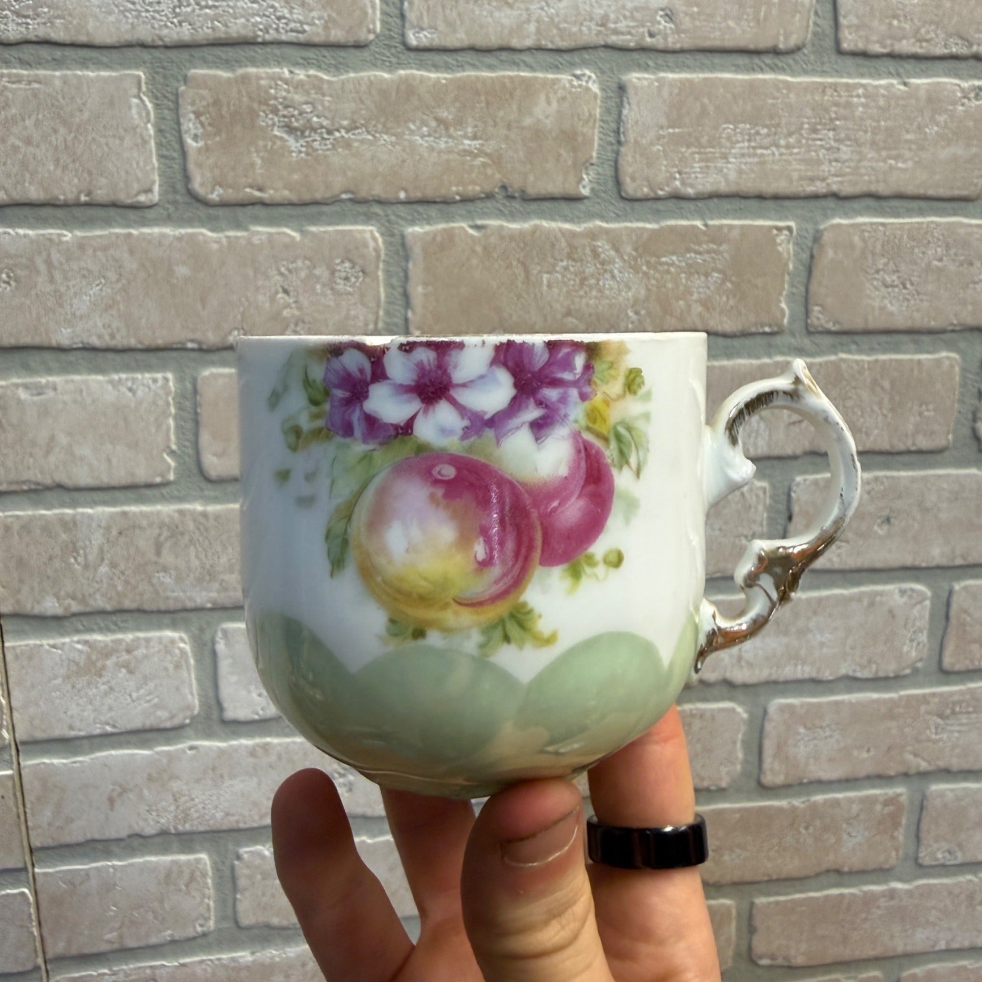 Vintage Decorative Hand-Painted Porcelain Shaving Bathroom Cup With Floral & Fruit Motif Scalloped Gold Accents