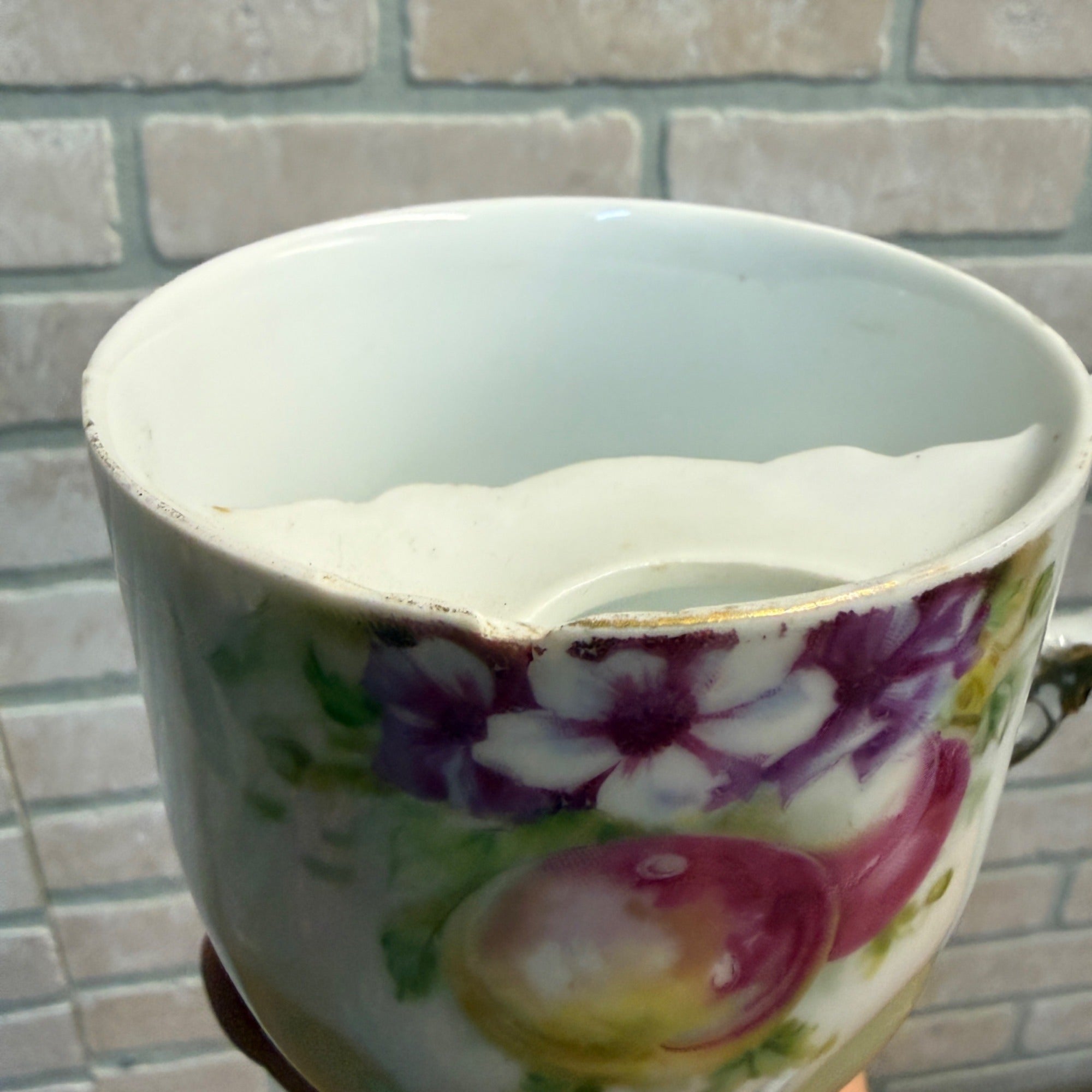 Vintage Decorative Hand-Painted Porcelain Shaving Bathroom Cup With Floral & Fruit Motif Scalloped Gold Accents