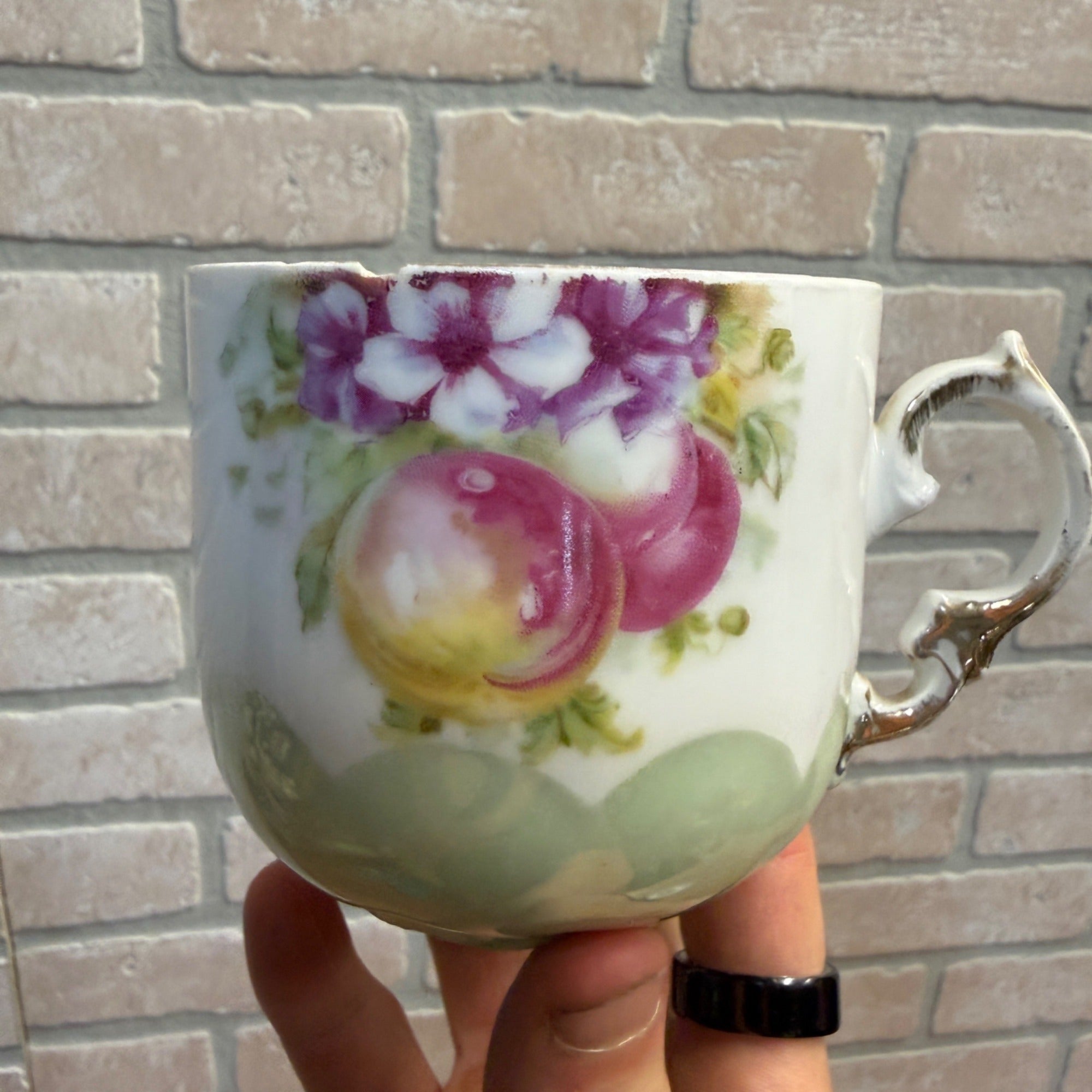 Vintage Decorative Hand-Painted Porcelain Shaving Bathroom Cup With Floral & Fruit Motif Scalloped Gold Accents