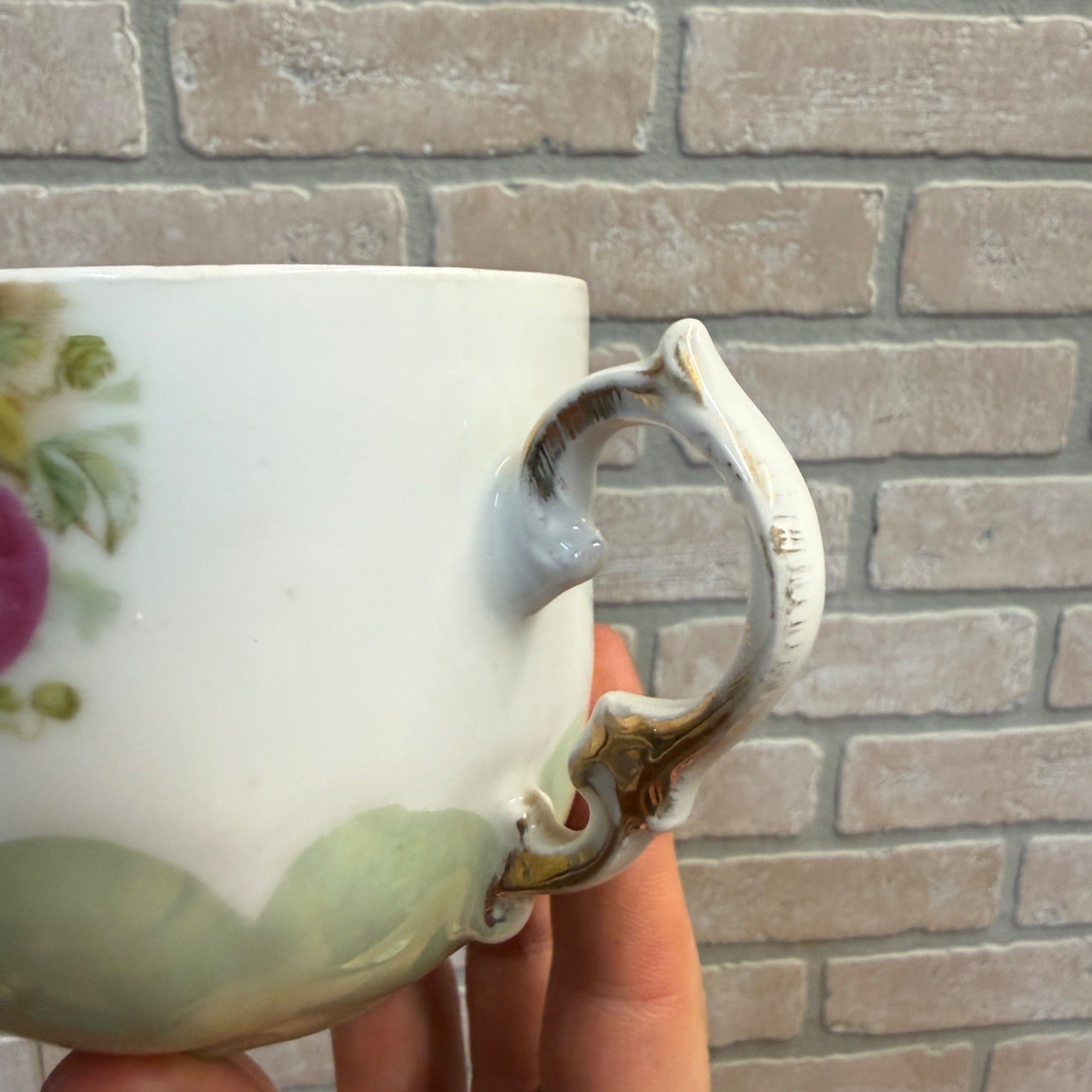 Vintage Decorative Hand-Painted Porcelain Shaving Bathroom Cup With Floral & Fruit Motif Scalloped Gold Accents