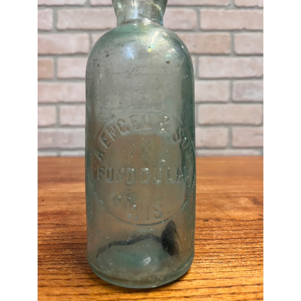 A. Engel & Son Embossed Aqua Soda Hutchinson Bottle Blob Fond du Lac Wis WI