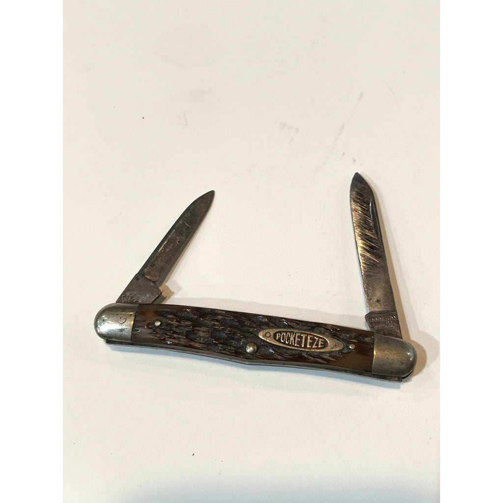 Vintage Pocket Knife Robeson Pocketeze 623501 2 Blade Brown USA Good Snap