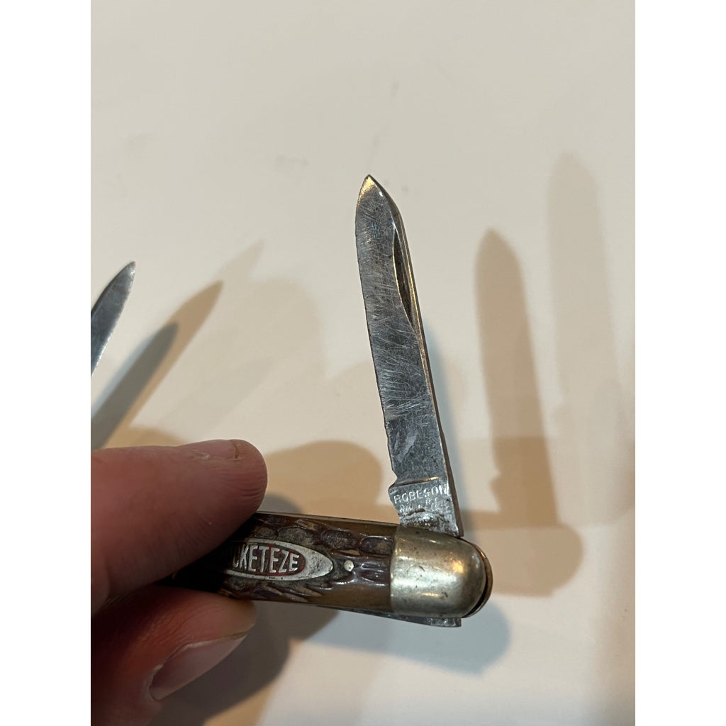 Vintage Pocket Knife Robeson Pocketeze 623501 2 Blade Brown USA Good Snap