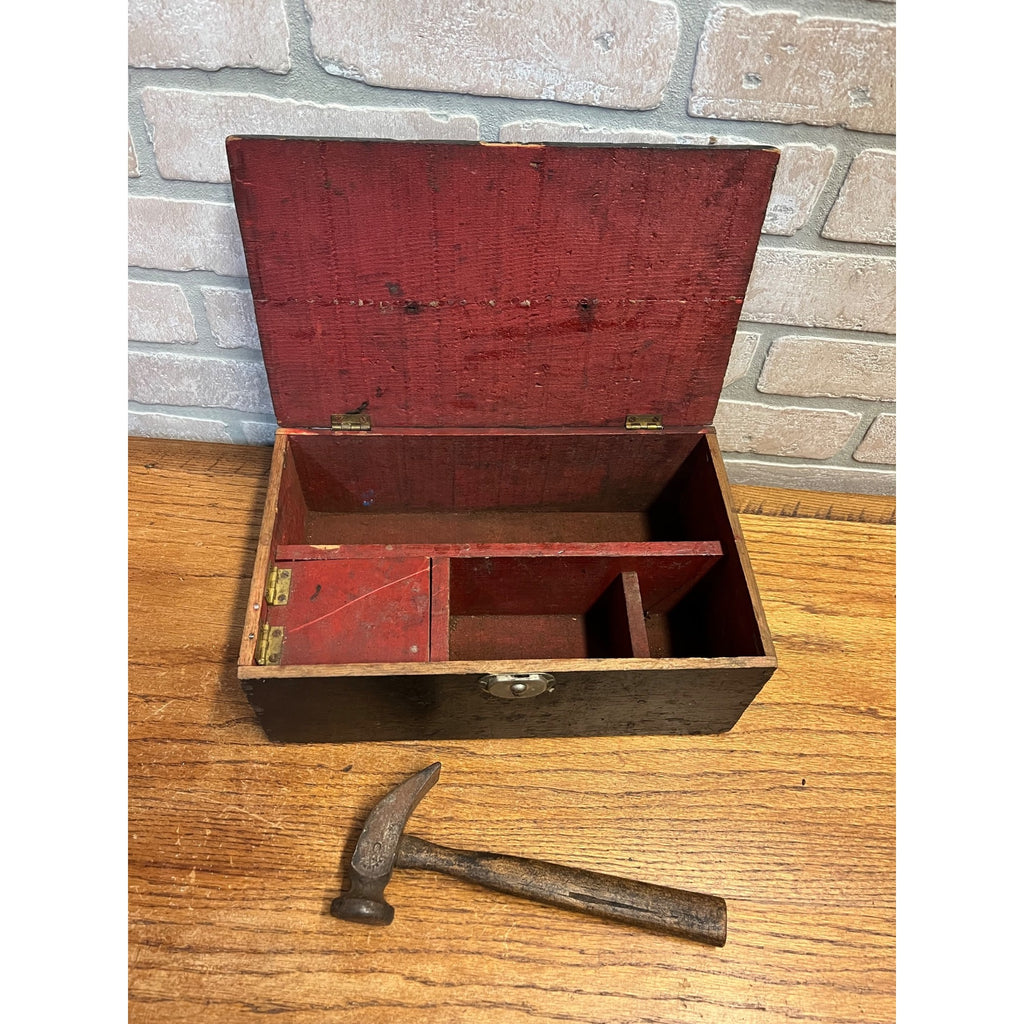 Antique Early 1900s Shoe Cobbler Tool Box w/ Hammer Primitive Red Black Paint