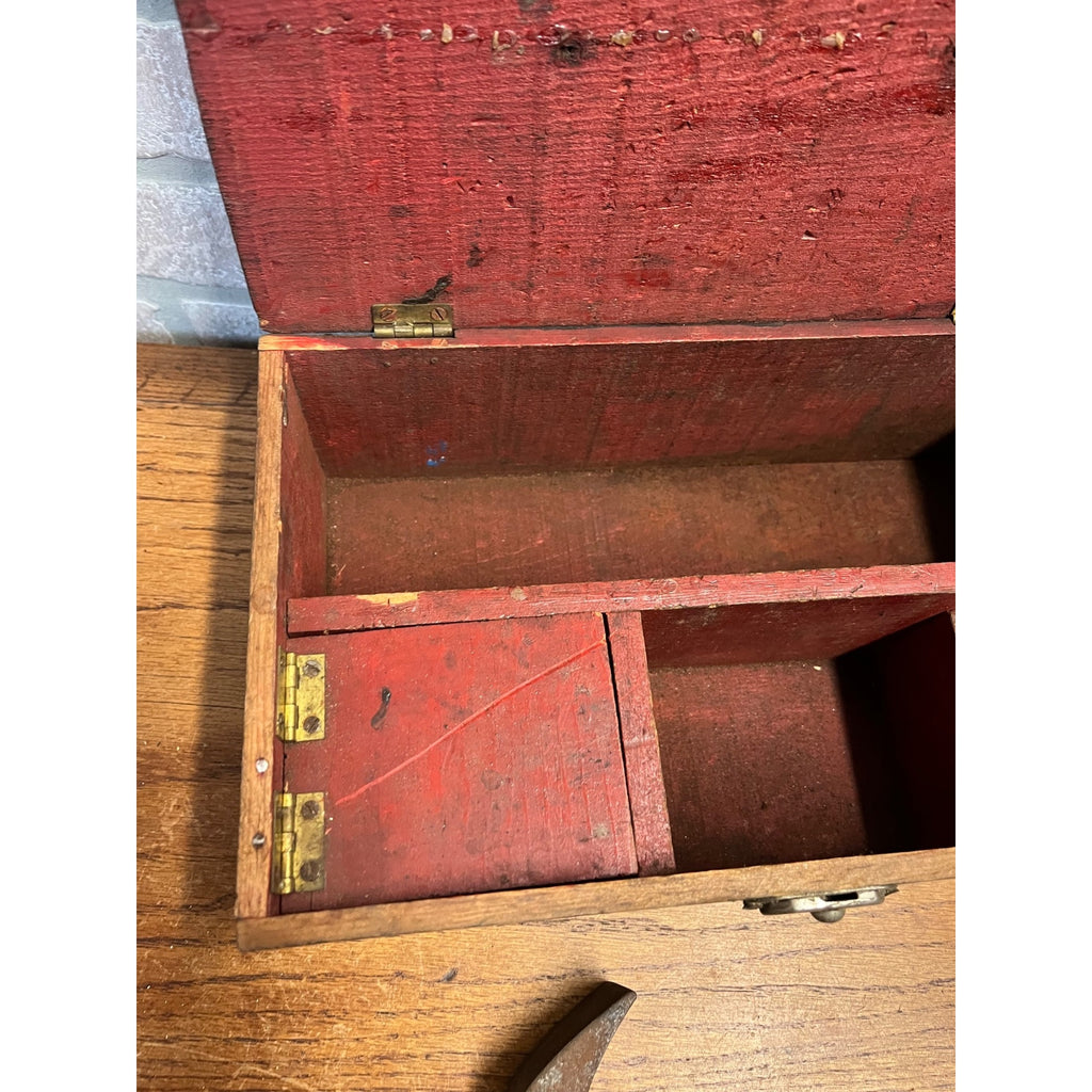 Antique Early 1900s Shoe Cobbler Tool Box w/ Hammer Primitive Red Black Paint