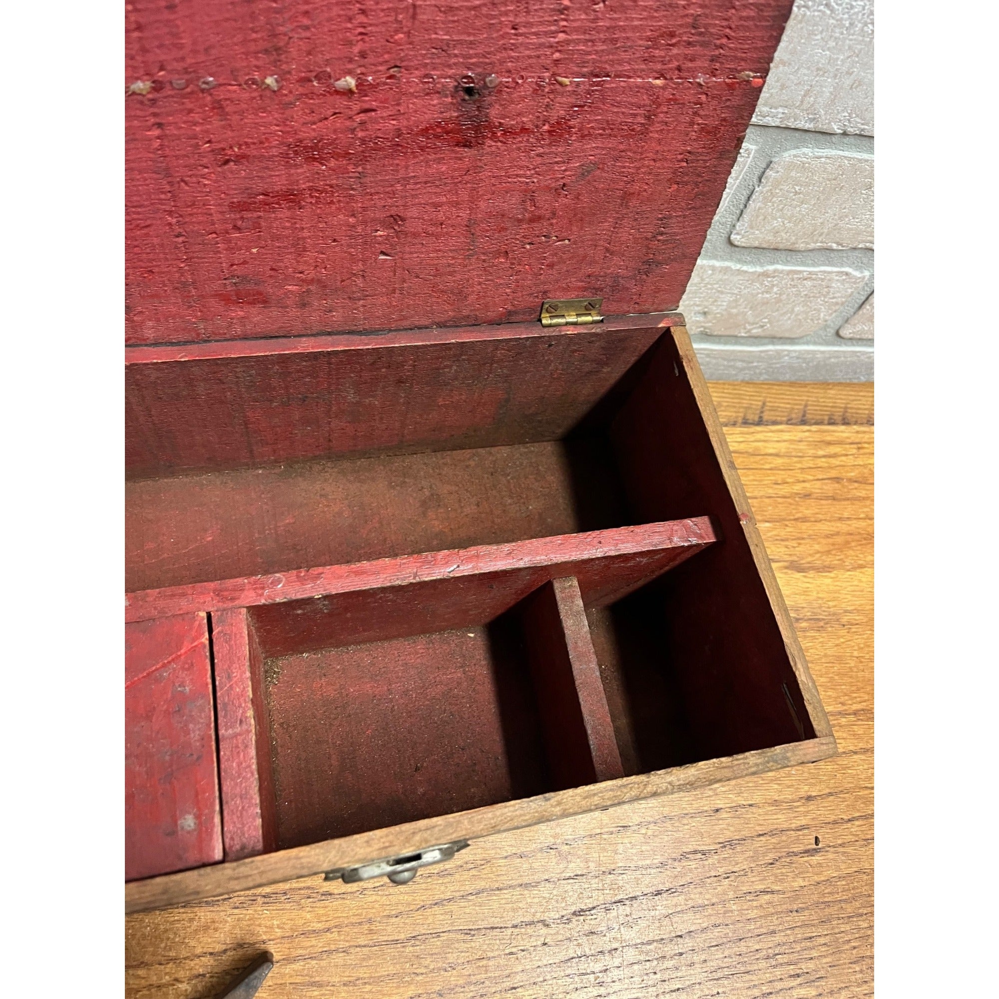 Antique Early 1900s Shoe Cobbler Tool Box w/ Hammer Primitive Red Black Paint