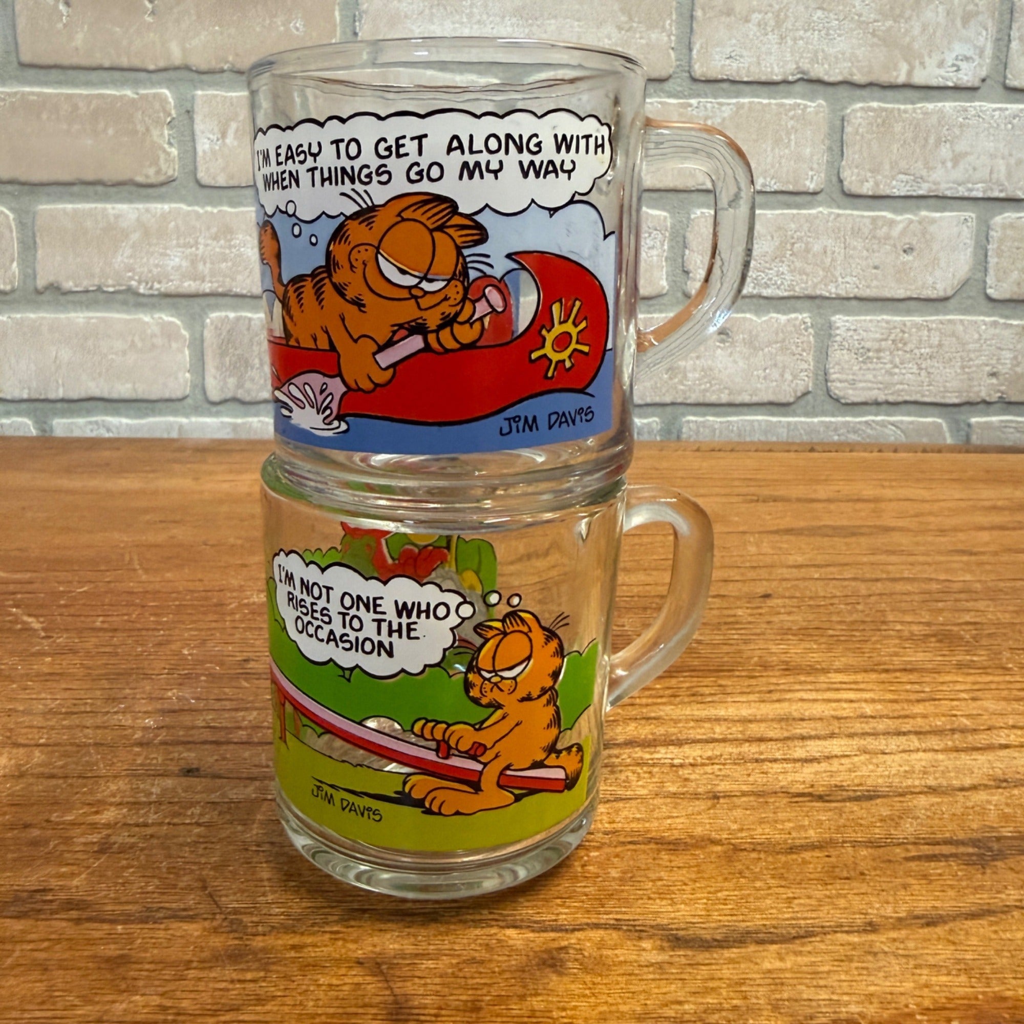 Vintage McDonald's Promotional Glass Mug Pair Featuring Garfield Characters on See-Saw and Canoe Released 1987 Jim Davis