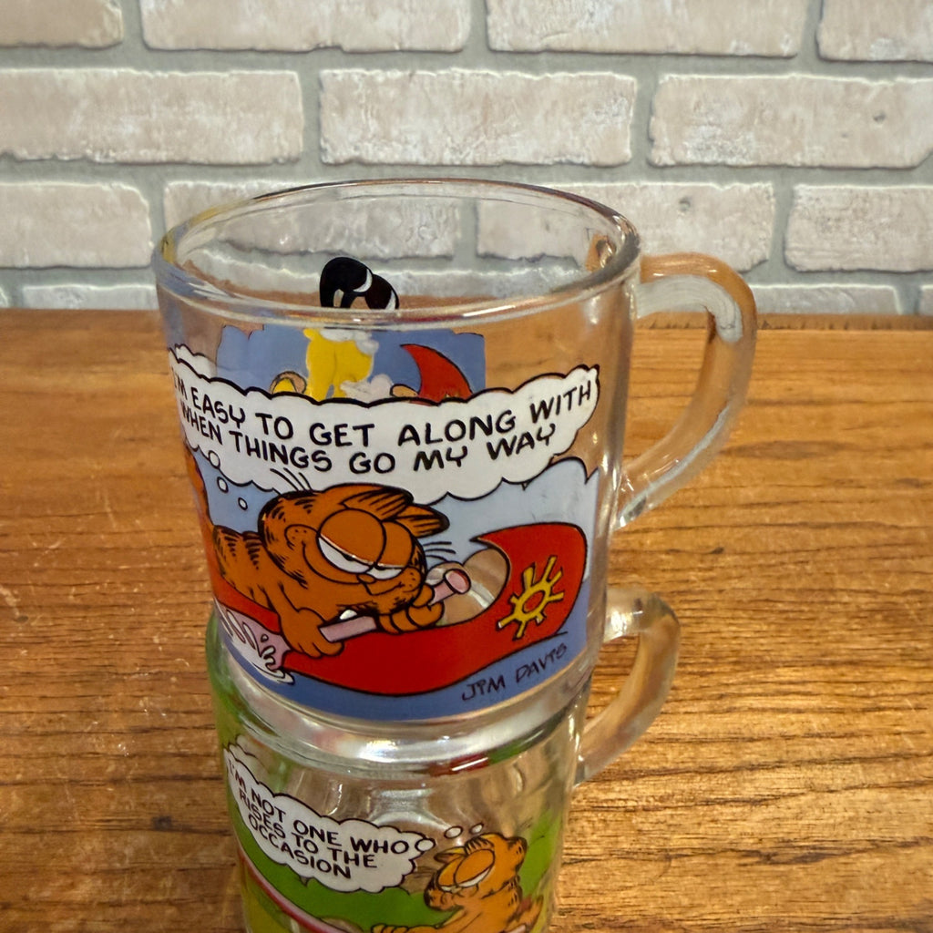 Vintage McDonald's Promotional Glass Mug Pair Featuring Garfield Characters on See-Saw and Canoe Released 1987 Jim Davis