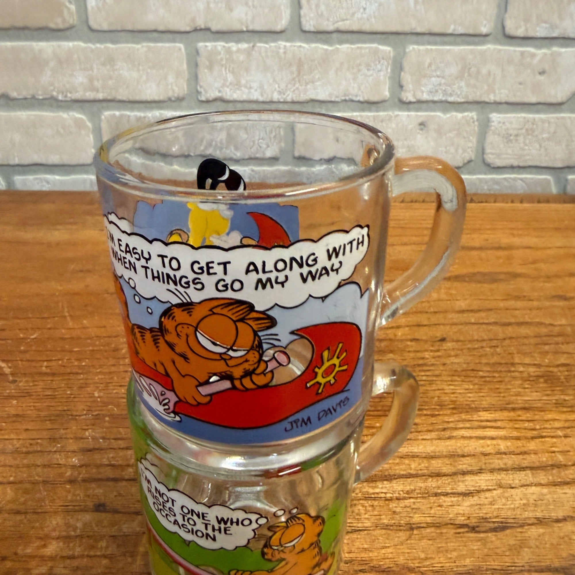 Vintage McDonald's Promotional Glass Mug Pair Featuring Garfield Characters on See-Saw and Canoe Released 1987 Jim Davis
