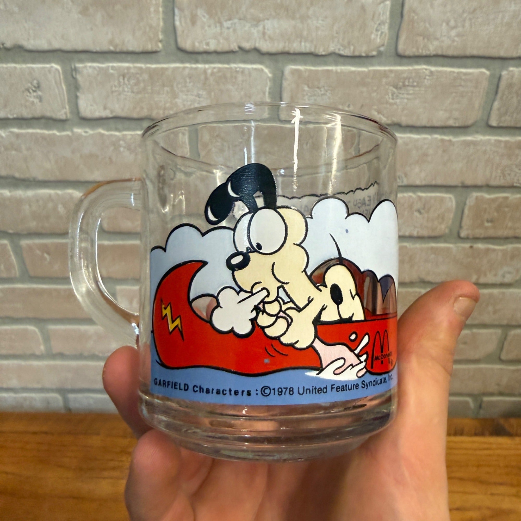 Vintage McDonald's Promotional Glass Mug Pair Featuring Garfield Characters on See-Saw and Canoe Released 1987 Jim Davis