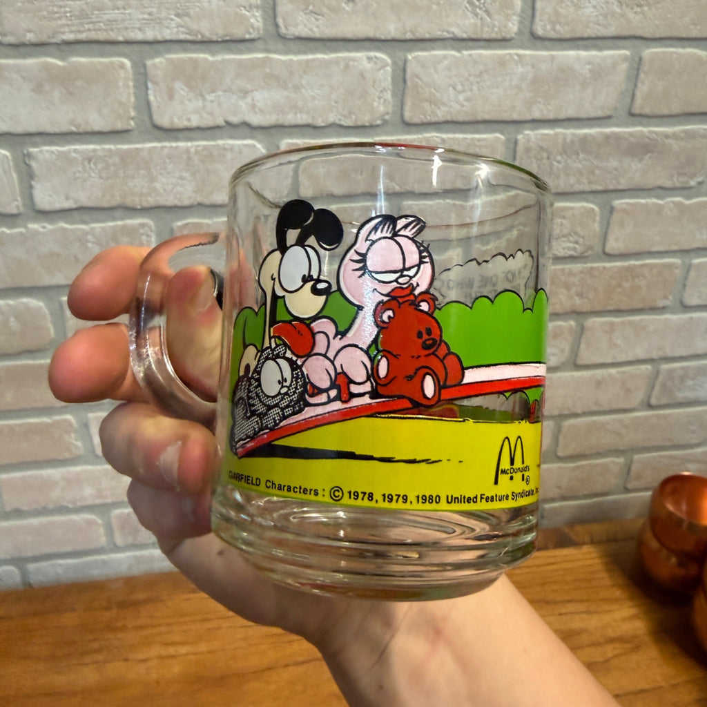 Vintage McDonald's Promotional Glass Mug Pair Featuring Garfield Characters on See-Saw and Canoe Released 1987 Jim Davis