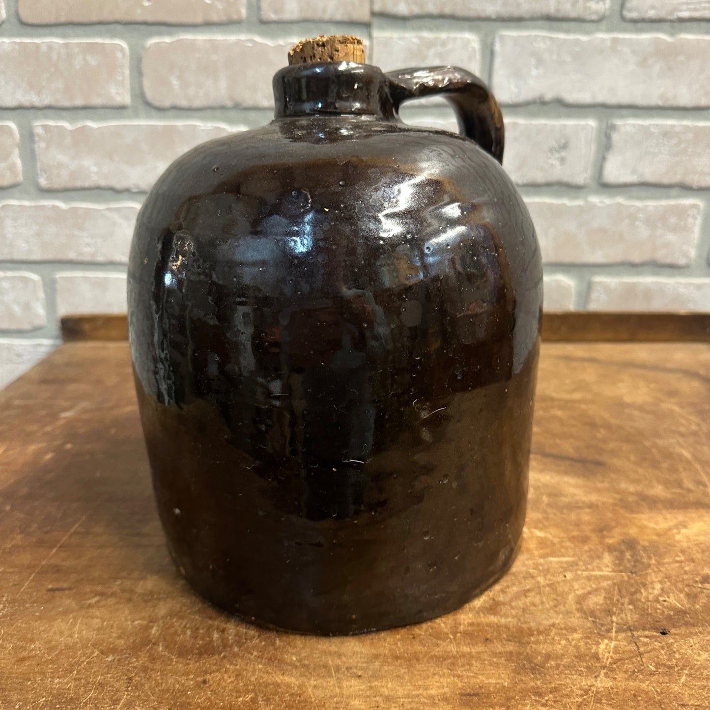 Antique 9"  Brown Stoneware Jug Moonshine W/ Handle Unmarked Glazed