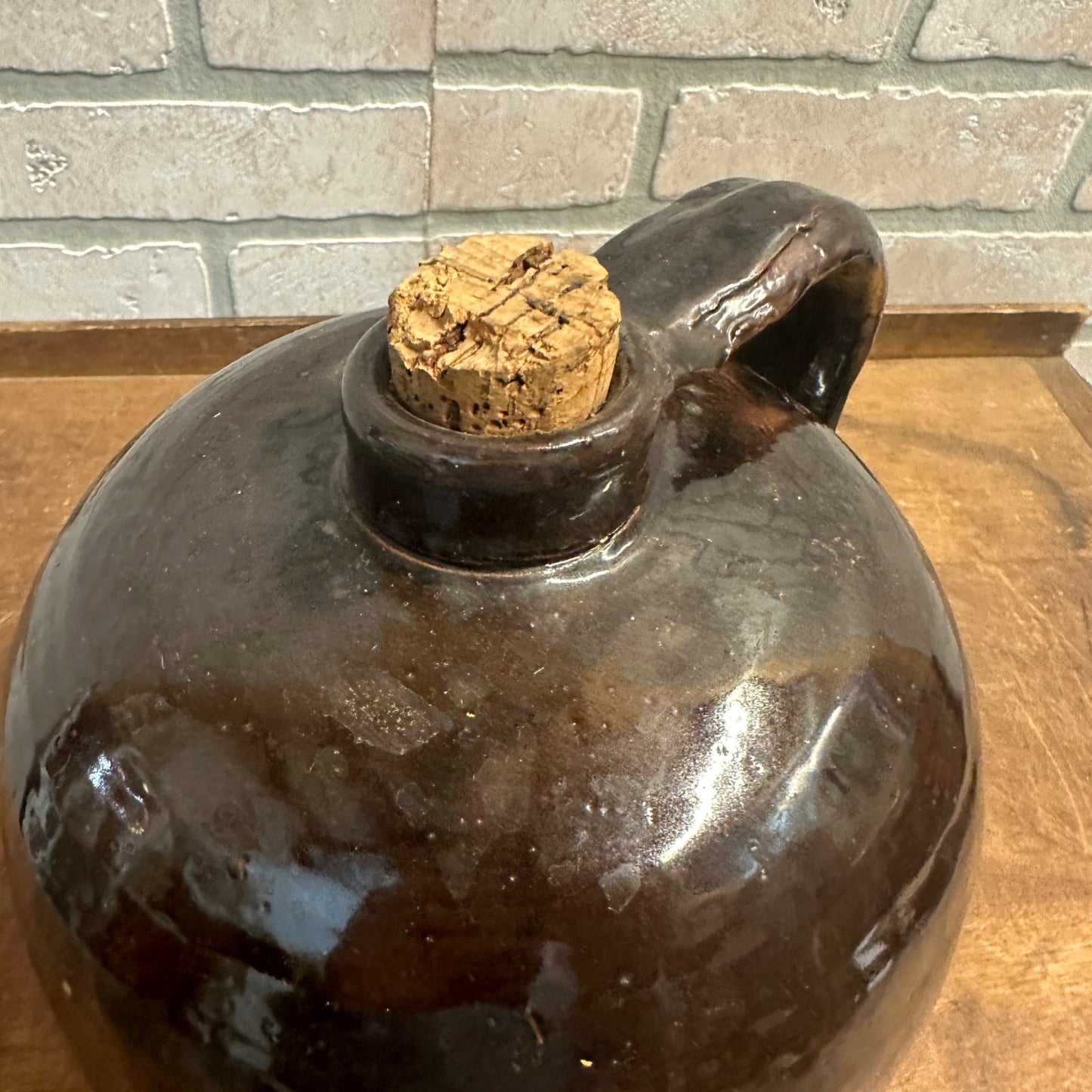 Antique 9"  Brown Stoneware Jug Moonshine W/ Handle Unmarked Glazed