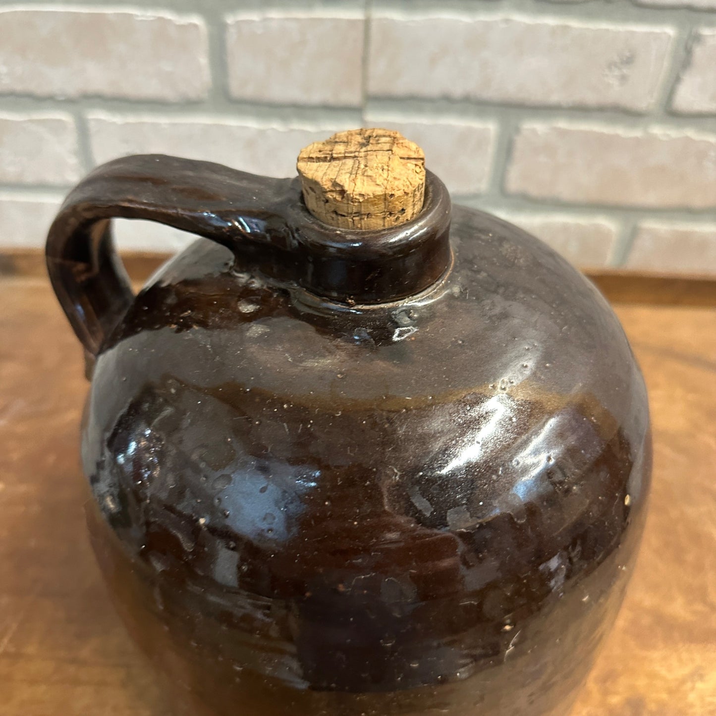 Antique 9"  Brown Stoneware Jug Moonshine W/ Handle Unmarked Glazed