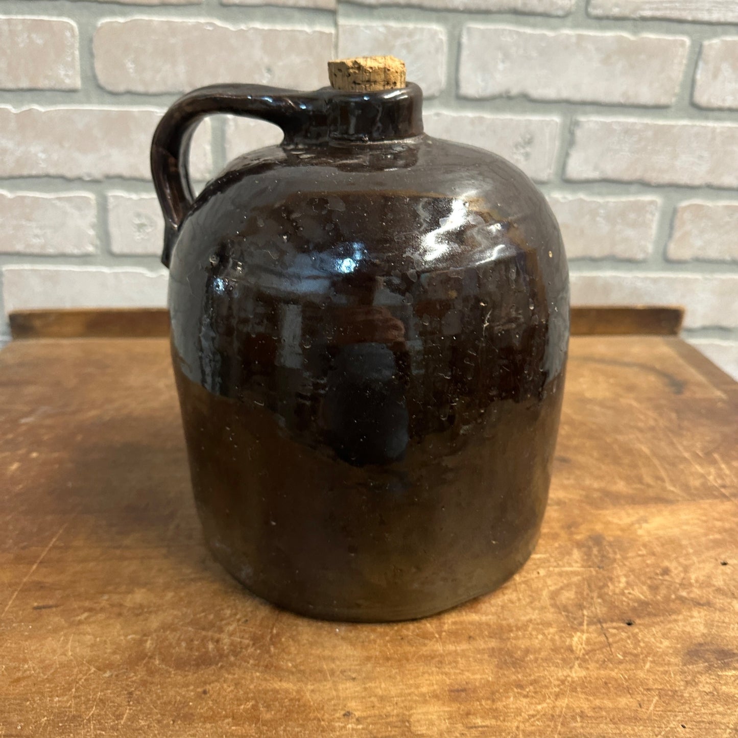 Antique 9"  Brown Stoneware Jug Moonshine W/ Handle Unmarked Glazed