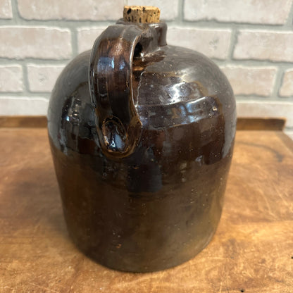 Antique 9"  Brown Stoneware Jug Moonshine W/ Handle Unmarked Glazed