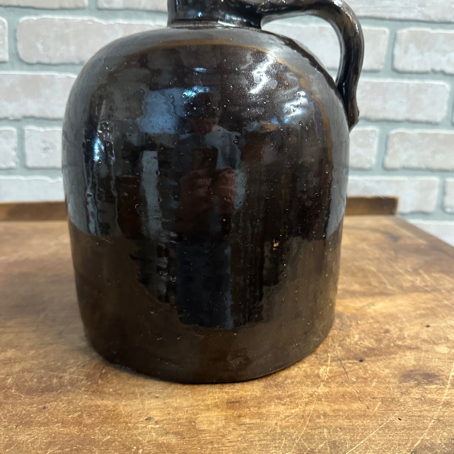 Antique 9"  Brown Stoneware Jug Moonshine W/ Handle Unmarked Glazed