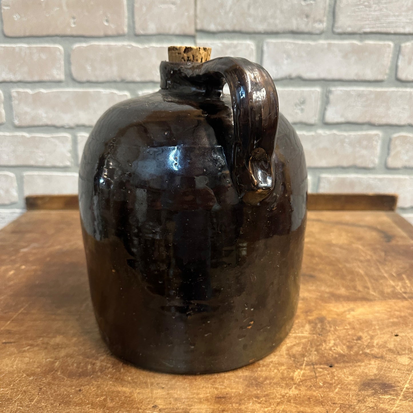 Antique 9"  Brown Stoneware Jug Moonshine W/ Handle Unmarked Glazed