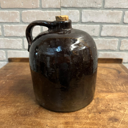 Antique 9"  Brown Stoneware Jug Moonshine W/ Handle Unmarked Glazed