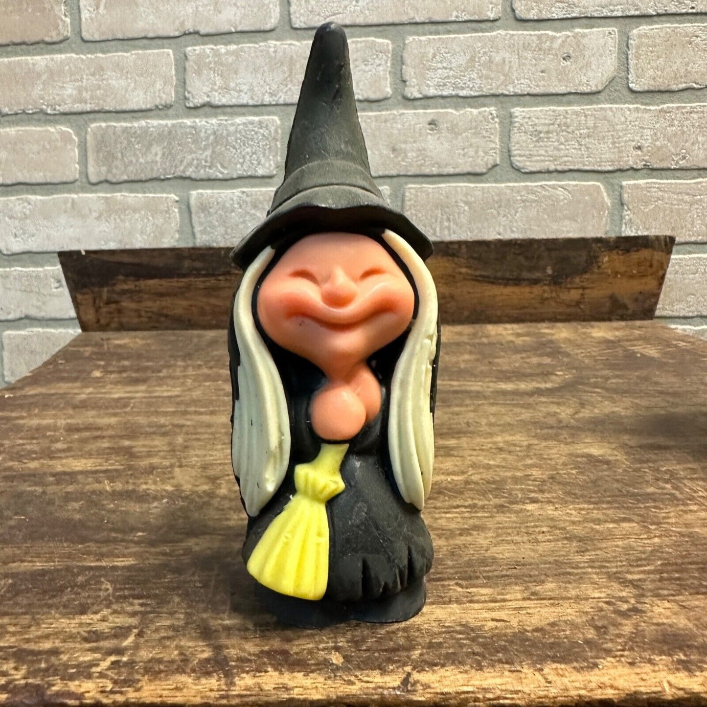 Vintage 1970s Smiling Witch w/ Broom Gurley Halloween 6" Wax Candle