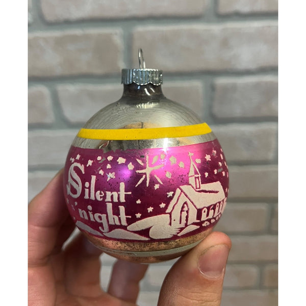 Vintage Shiny Brite Silent Night Church Stenciled Mercury Glass Ornament 2.5"