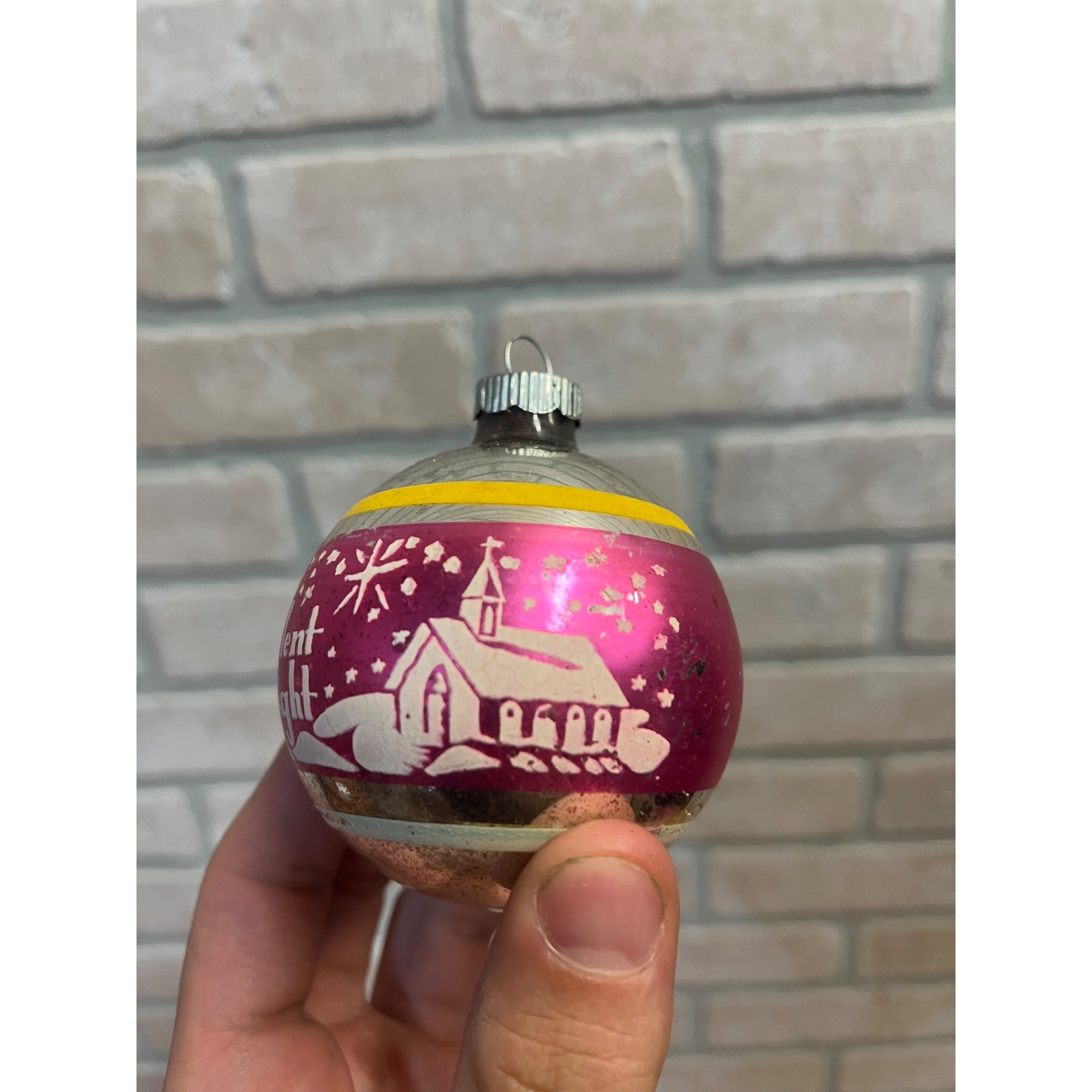 Vintage Shiny Brite Silent Night Church Stenciled Mercury Glass Ornament 2.5"
