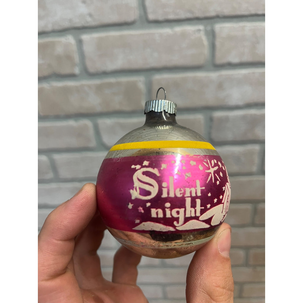 Vintage Shiny Brite Silent Night Church Stenciled Mercury Glass Ornament 2.5"